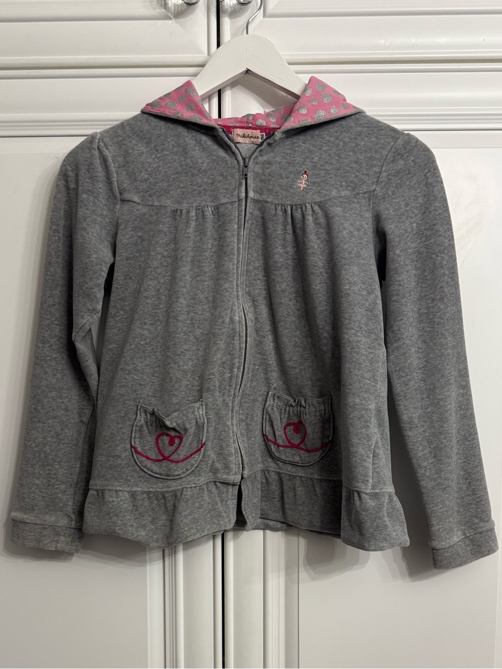 Miki House Girls' Reena-Chan Velour Grey Zip Hoodie w/Pink Trim Pockets Size 12